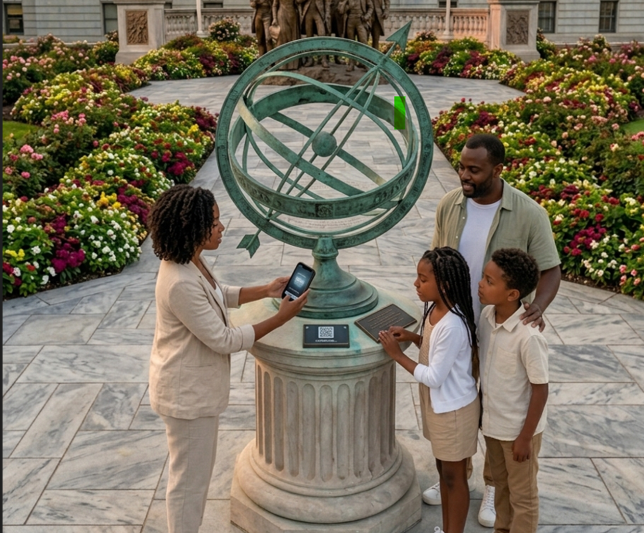 Family beside an armillary sphere, introducing the National Liberty Memorial background presentation